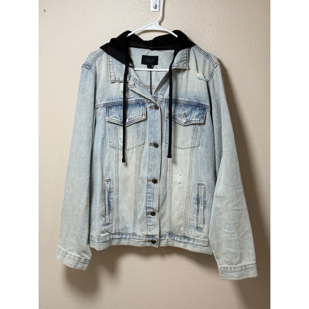 Risen Los Angeles Distressed Denim Jacket with Black Hood Light Wash Large NWT